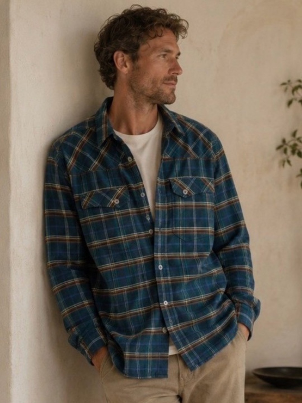 Stio Junction Men’s Blue Plaid Organic Cotton Fall Flannel Shirt Size M